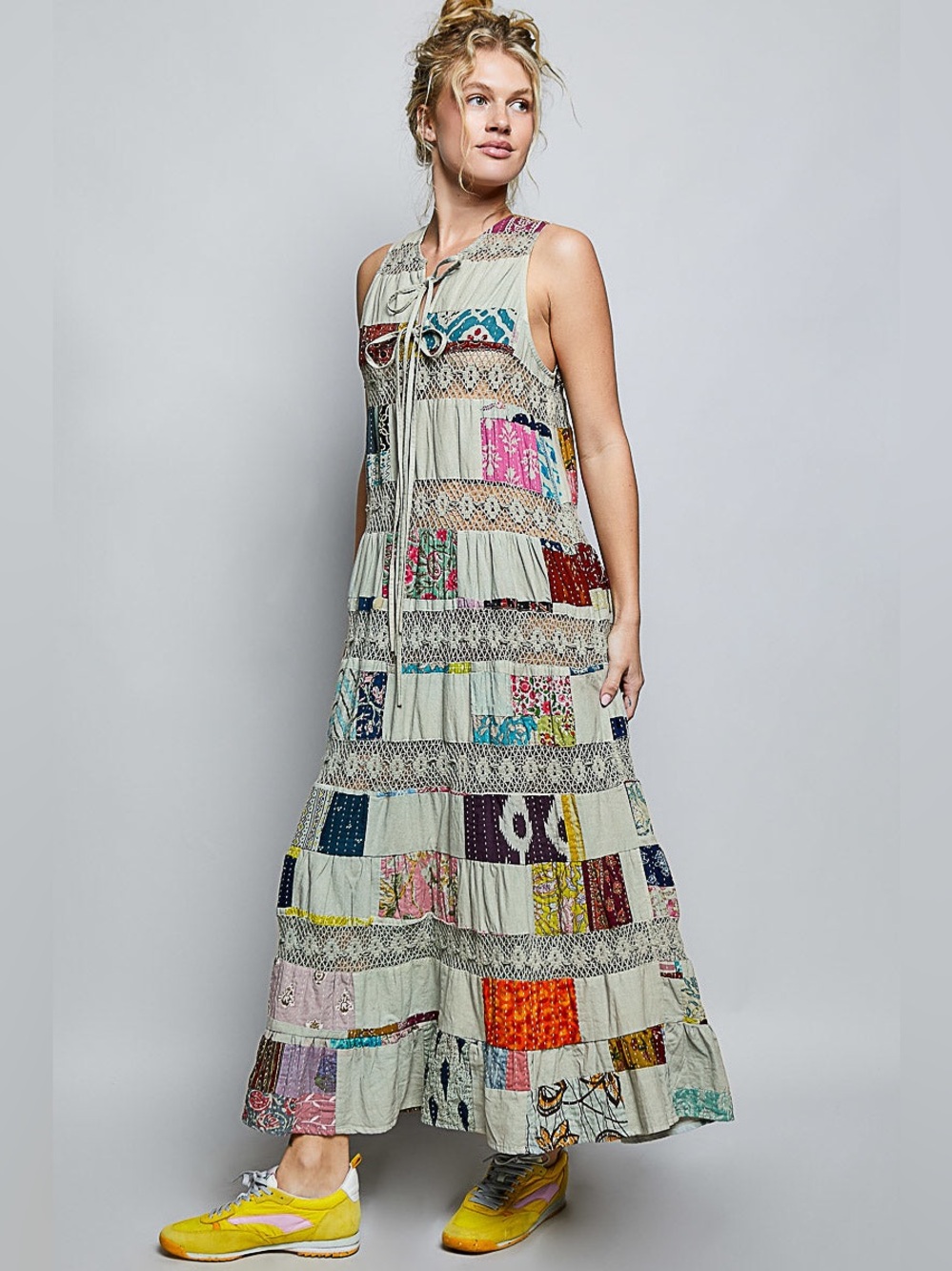 NEW Pol Boho Patchwork Maxi Dress in Sage with Multicolor Panels